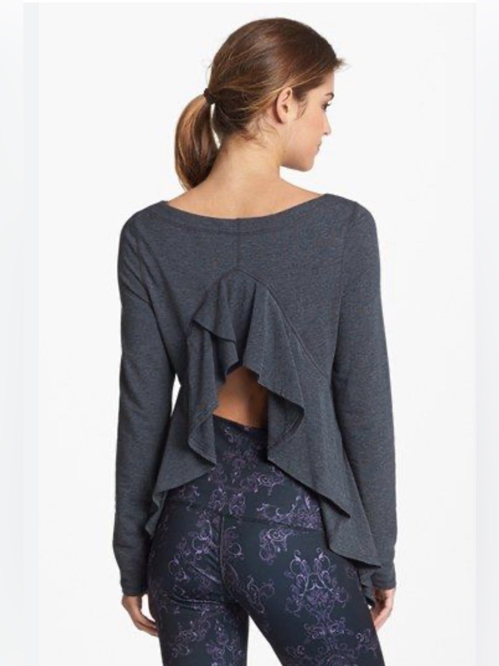 Karma Women’s Gray XS Open Back Top Charcoal Sibylla Clothing For Movement Ruffl
